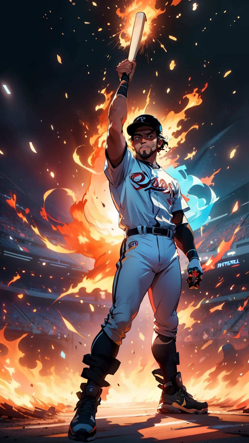 (ultra illustrated style:1.5),best quality,best animated,masterpiece,ray tracing, global illumination,Home run preview pose, posture a batter aiming for a home run, major leaguer, fire flame, 1man, solo, full body, baseball batter's box