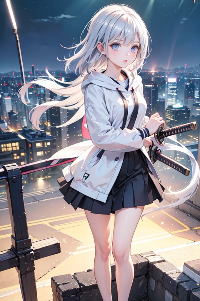 (masterpiece), (best quality), (ultra detailed), (high res 8K), 1 girl, late teenage, standing, contrappost, full body, low angle, hoody, mini-skirt,((katana)), short hair, silver hair, serious, looking away, cityscape in Tokyo, night, rim lighting, high contrast, professional lighting, stunning face, symmetrical clear eyes, detailed eyes and face,(near future)