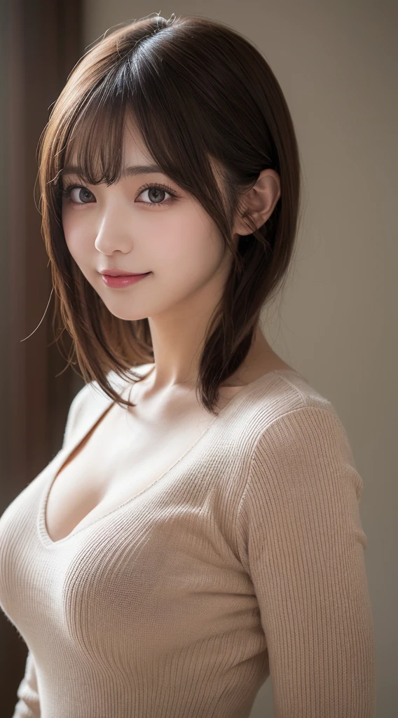 masutepiece, Best Quality, Illustration, Ultra-detailed, finely detail, hight resolution, 8K Wallpaper, Perfect dynamic composition, Beautiful detailed eyes, Natural Lip, Big breasts, Random sexy poses,Raw photo,kawaii,ssmile、Tight knit dress that makes your chest look beautiful - chest coordination