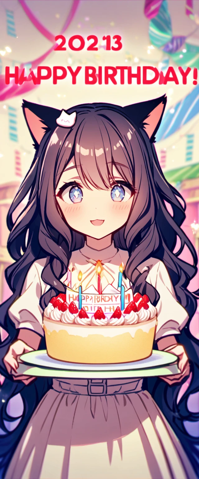 birthdaycakeをもって笑っている、cute、Happy Birthday、Confused eyes、Long wavy hair、Cat ear、birthday、cake