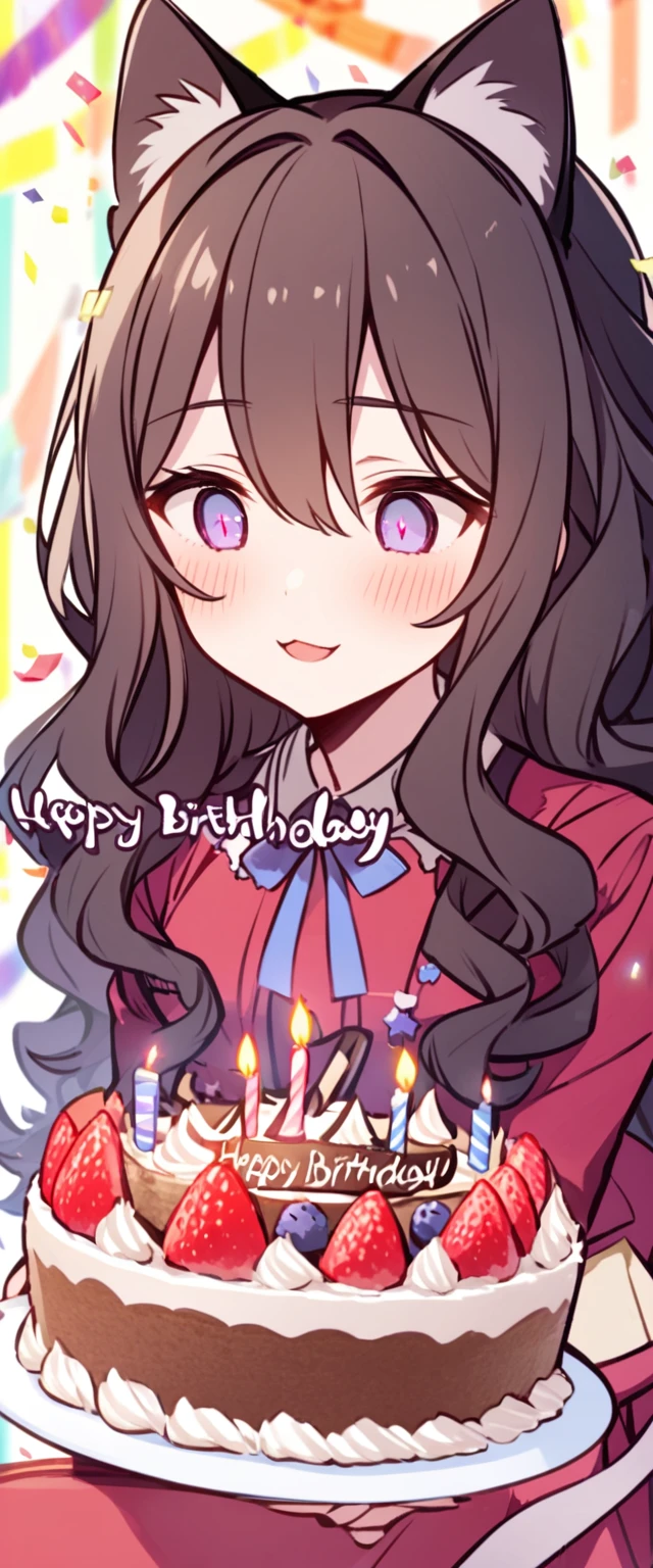 birthdaycakeをもって笑っている、cute、Happy Birthday、Confused eyes、Long wavy hair、Cat ear、birthday、cake