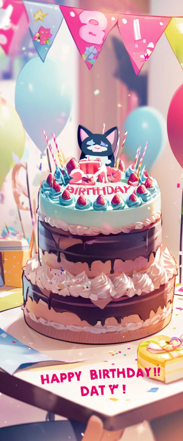 birthdaycakeをもって笑っている、cute、Happy Birthday、Confused eyes、Long wavy hair、Cat ear、birthday、cake