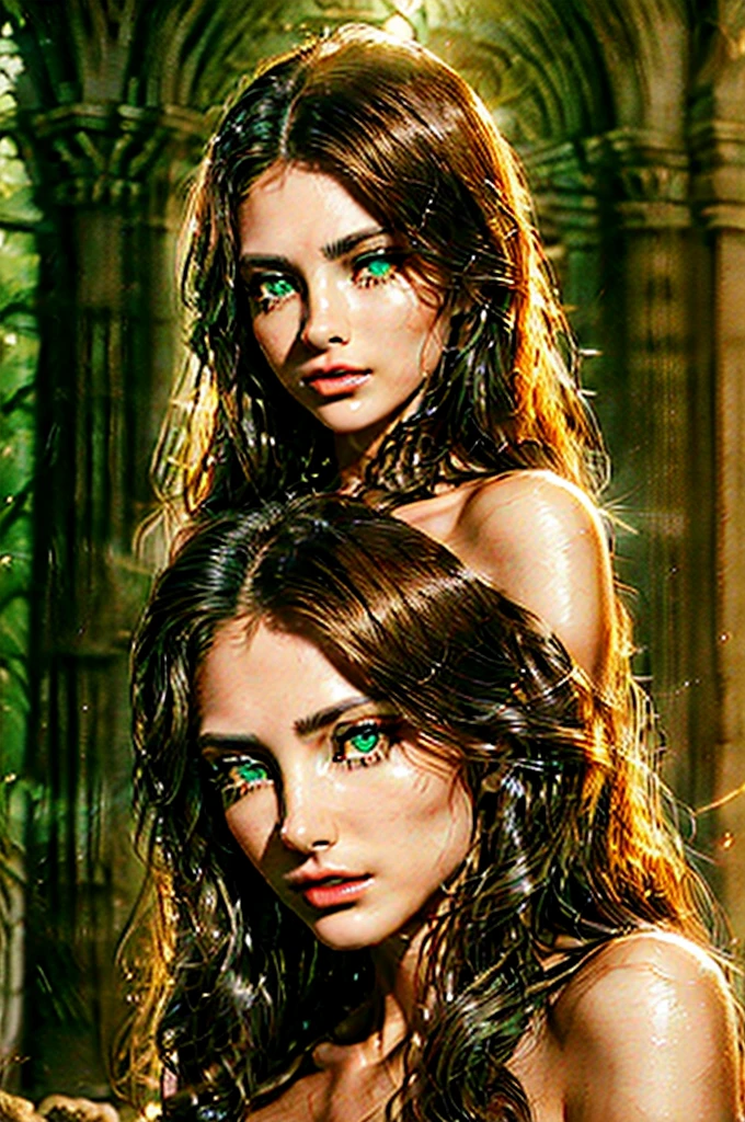 The sleeping robe is a soft green tone that highlights her deep, expressive eyes.. Your black hair, in gentle waves over your shoulders. Your carved face, with delicate features and a defined jawline, parece mais suave e sereno à luz da camp fire. Your green eyes, bright and expressive, reflect the heat of the flames and the depth of your emotions, night camp scene, camp fire, nsfw