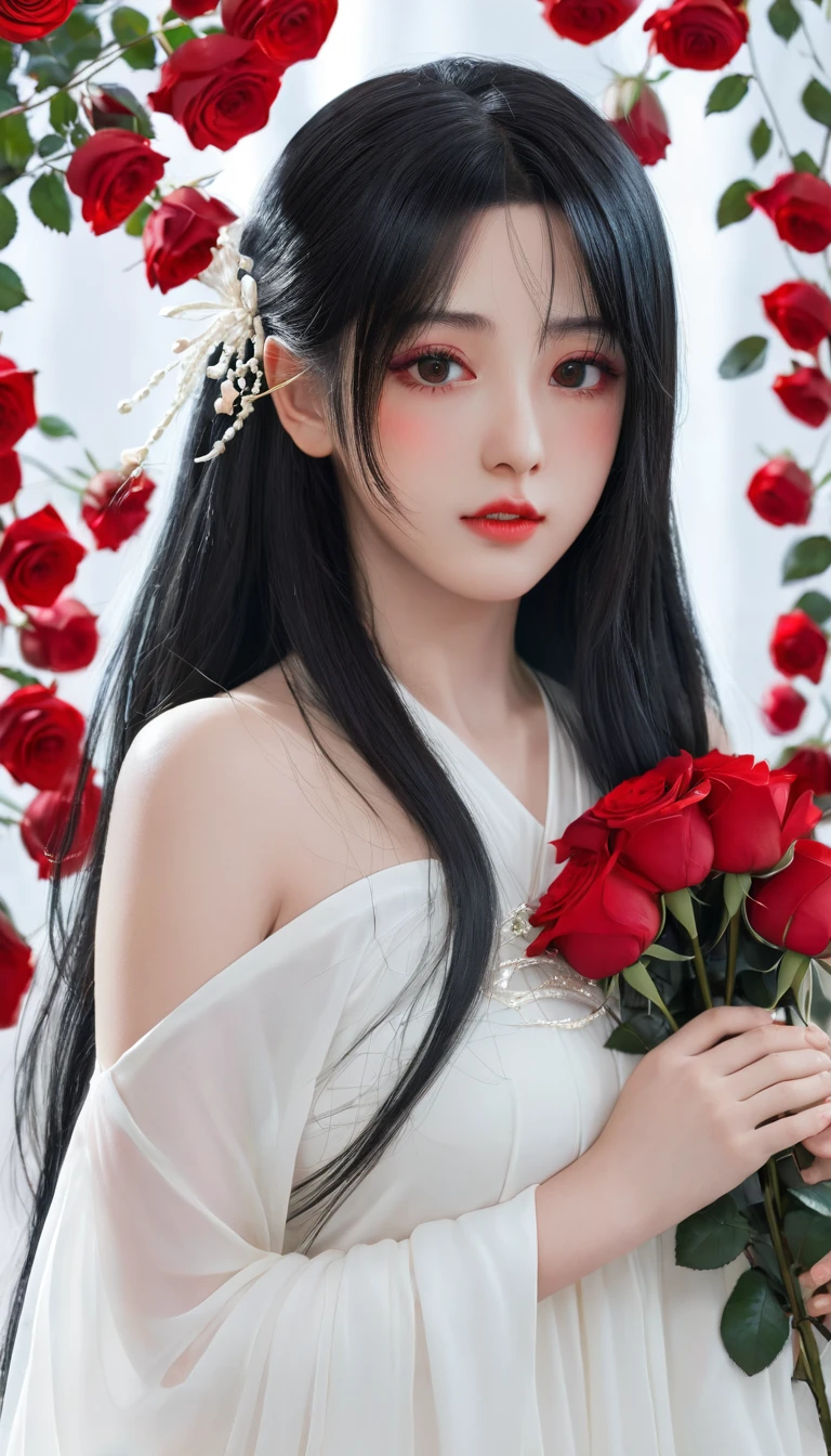 Diffuse lighting、 Highest quality, High resolution, unity 8k wallpaper、Supersaturation, Colorful, 8k解像度, 1 female、Japanese、23 years old、Close-up portrait、Wearing a red nightgown,whole body、midnight、Lying on a bed covered with flower petals、Fantasy、mysterious、Woman with a Fan, onmyoji, onmyoji detailed art, onmyoji portrait, 4K, 8k, Vibrant, Splash Art , Onmyoji、Spirit medium、