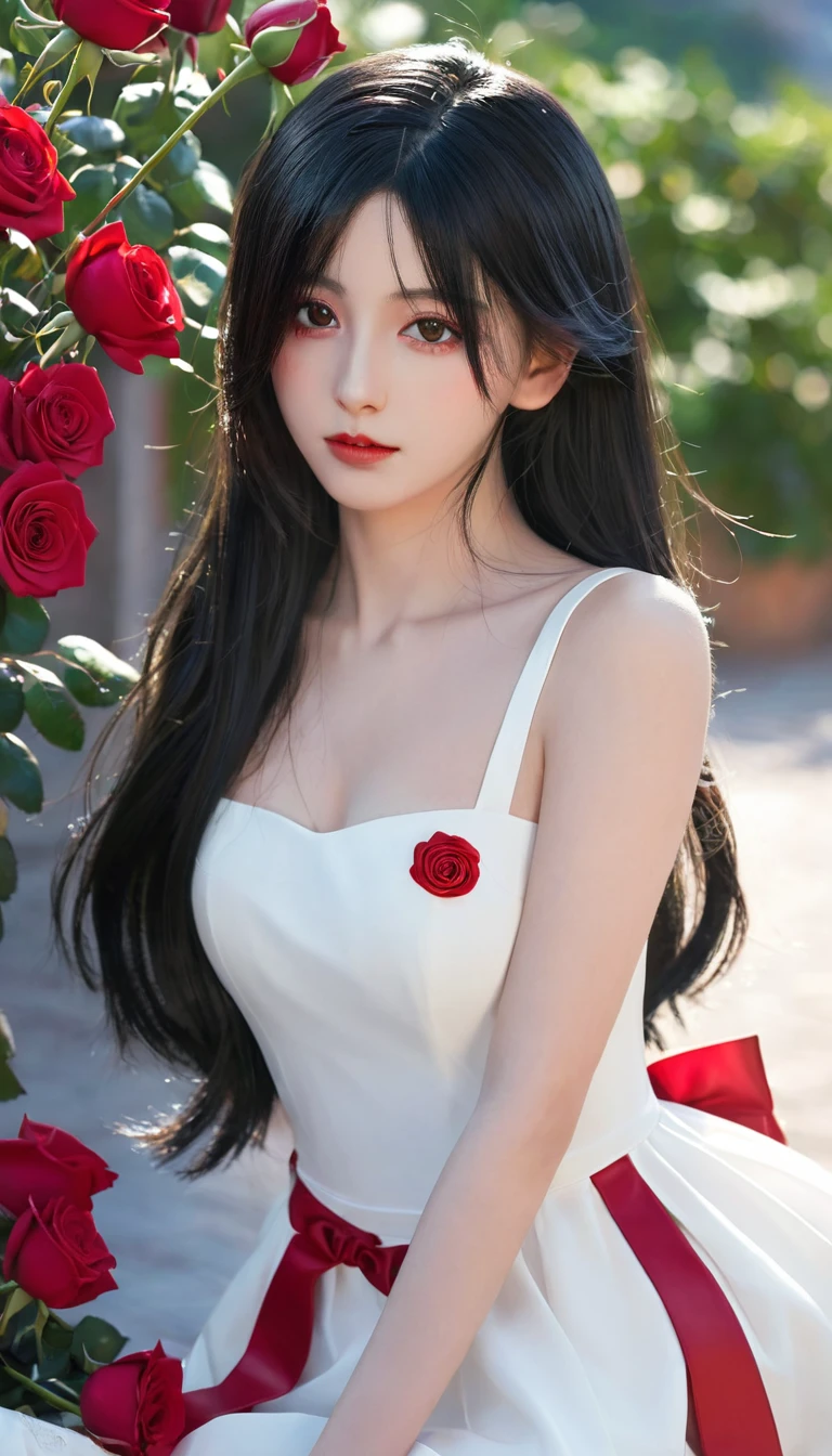 Anime girl with long black hair and white dress with red roses, Gu Weiss, Gu Weiss on pixiv artstation, Detailed digital anime art, Beautiful anime girl, Gu Weiss on artstation pixiv, Anime style 4k, guys, Beautiful anime portrait, Detailed portrait of anime girl, Beautiful anime woman, Detailed anime art