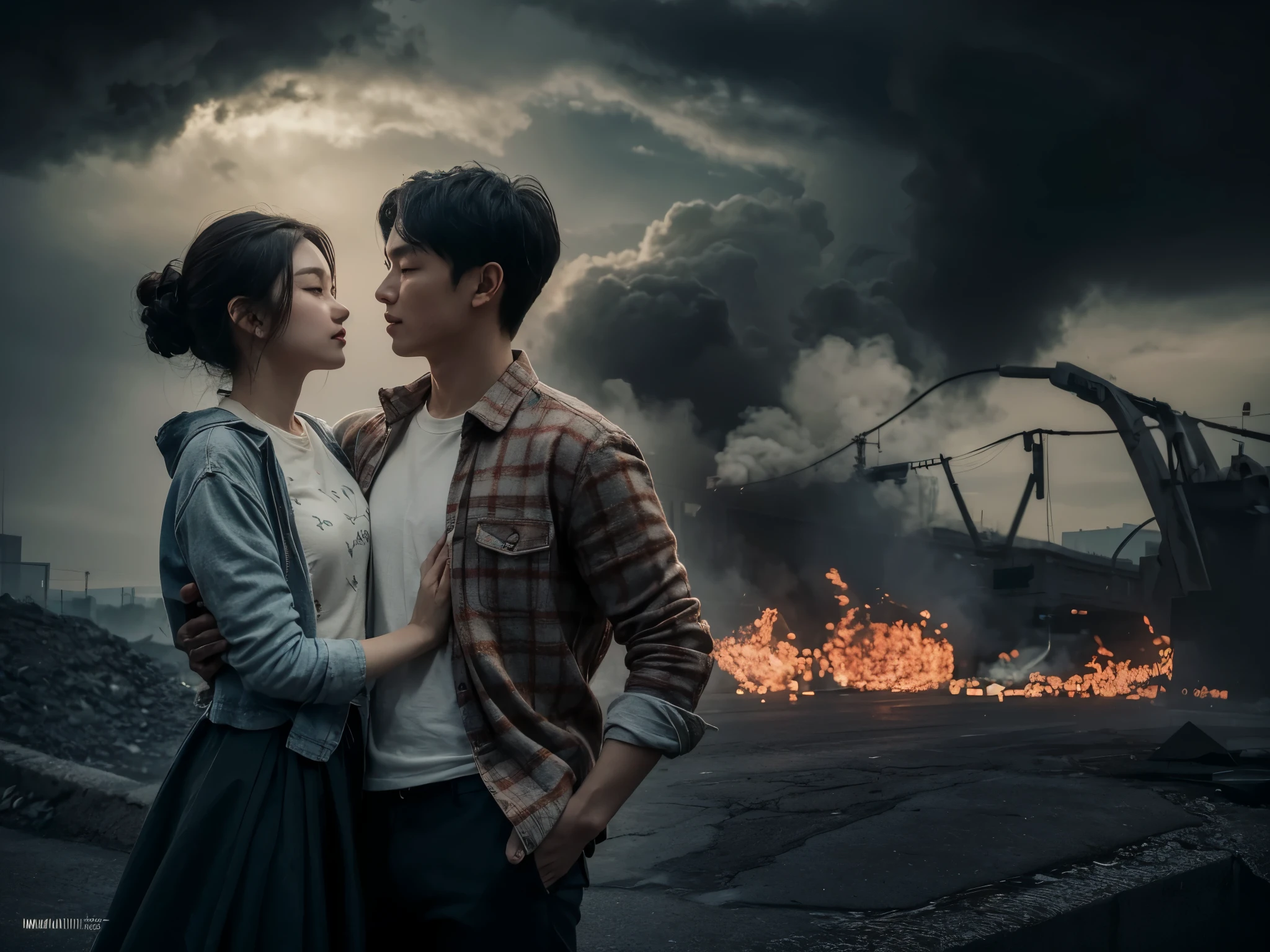 A striking, ultra-detailed image of a young Korean couple strolling hand-in-hand on a bustling night street. The man is dressed in a cozy flannel shirt,

while the woman is clad in a stylish, form-fitting dress. The city lights and traffic signals illuminate their surroundings, casting a warm, inviting glow. The couple's expressions convey a deep connection and passion, as they share a tender moment in the vibrant urban setting.

