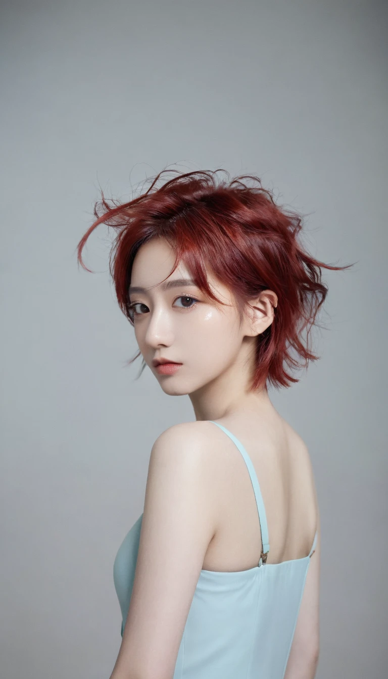 (((1 Girl))), ((((Solitary)))), ((Messy Hairstyle)), standing photo take, (((Red hair)), Red Eyes, Soft top