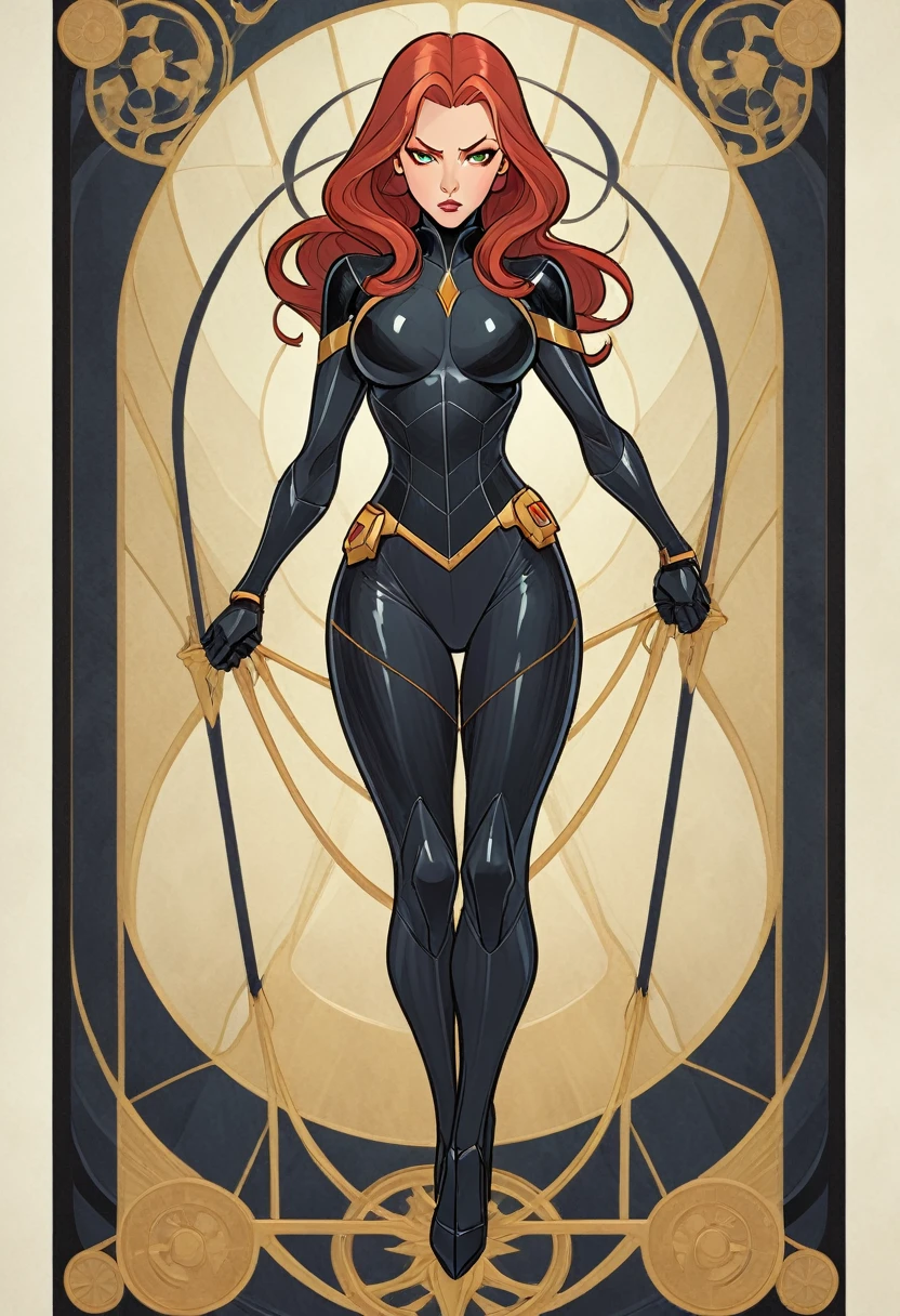 1 Black Widow, From American comic superhero, full-length standing painting, (((solo))), clear facial features, Simple line design, ((Tarot card background, symmetrical beauty)), perfectly symmetrical, The art of symmetry, Standing Character Drawings, ((flat colors)), chedevr，top quality，Best quality，Ultra high resolution, ((clear facial features，Beautiful eyes，Beautiful face, Exquisite facial features))