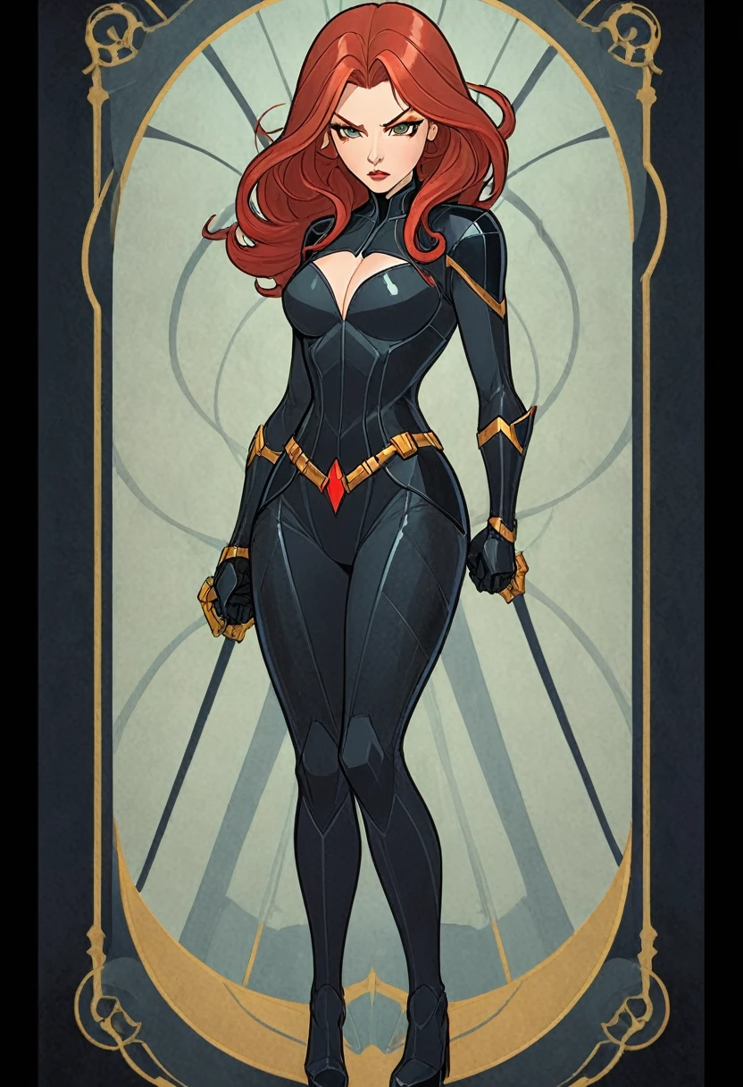 1 Black Widow, From American comic superhero, full-length standing painting, (((solo))), clear facial features, Simple line design, ((Tarot card background, symmetrical beauty)), perfectly symmetrical, The art of symmetry, Standing Character Drawings, ((flat colors)), chedevr，top quality，Best quality，Ultra high resolution, ((clear facial features，Beautiful eyes，Beautiful face, Exquisite facial features))