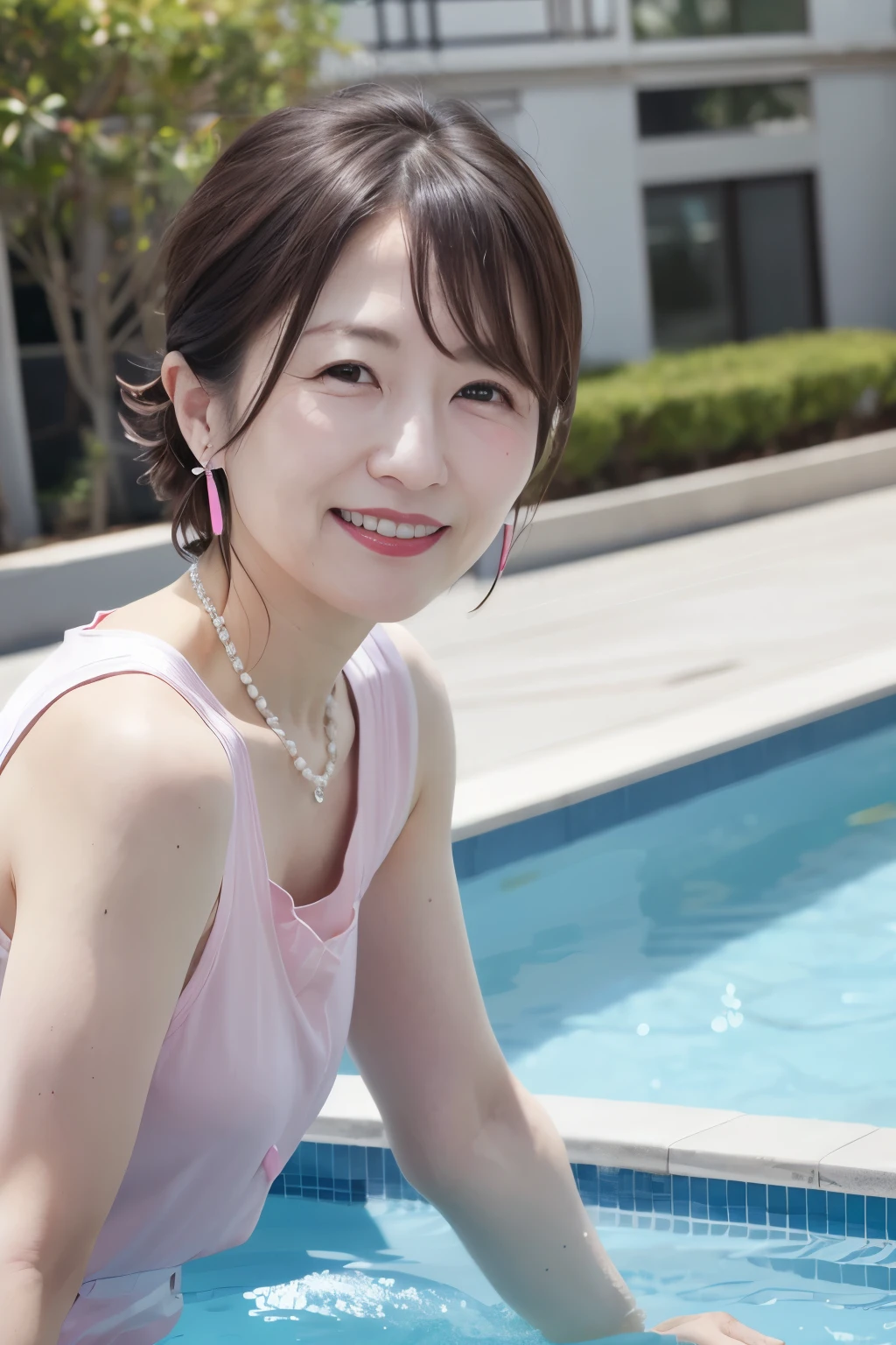 Beautiful mature Japanese woman aged 55, Cute Girls, Long eyelashes, short hair, Red lipstick, Pink Cheeks, Pearl Necklace, Earrings, Dark eyeshadow, smile, 親子でPoolに入る, Pool