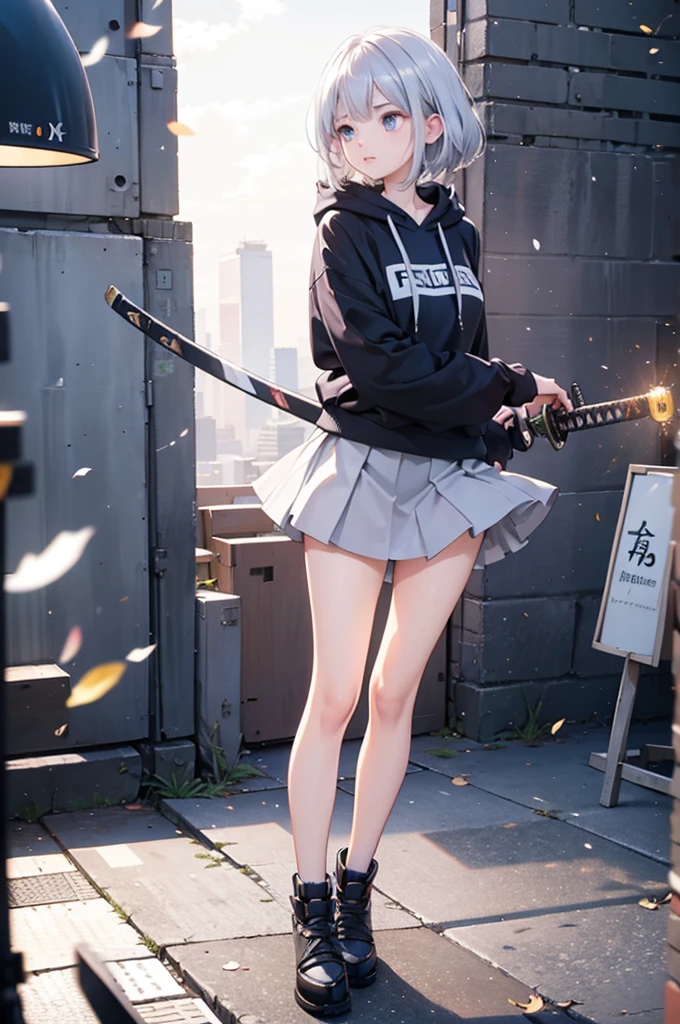 (masterpiece), (best quality), (ultra detailed), (high res 8K), 1 girl, late teenage, standing, contrappost, full body, low angle, hoody, mini-skirt,((katana)), short hair, silver hair, serious, looking away, cityscape in Tokyo, night, rim lighting, high contrast, professional lighting, stunning face, symmetrical clear eyes, detailed eyes and face,(near future)