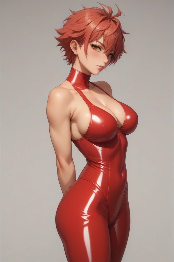 (Keigo Takami ) together girl red hair with big breasts latex bodysuit embraced