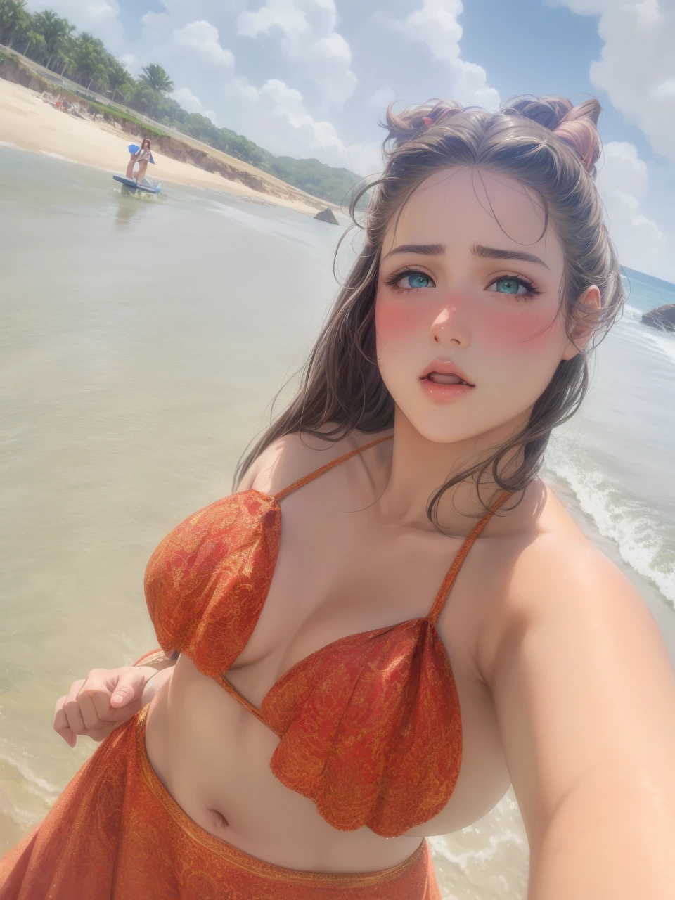 realisitic, 1girl, light hair , greeneyes, glare eyes, top cropped, overskirt, half-open lips, blush, luz  seios grandes, bunda grande, micro biquíni.