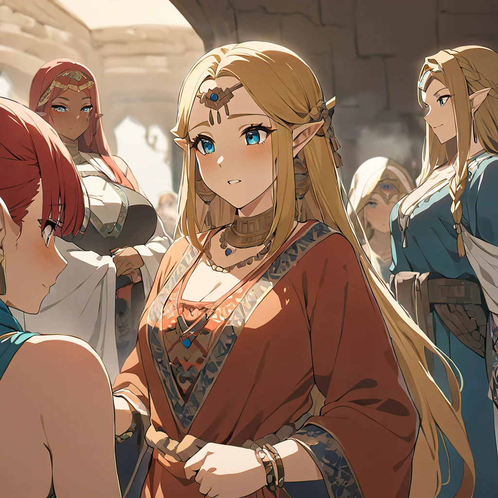 ((Highest quality)), ((masterpiece)), (detailed), (Perfect Face)、The woman is Queen Zelda of the Gerudo tribe, blonde with blue eyes.、The woman was wearing the traditional Gerudo costume and was chatting with some red-haired, dark-skinned Gerudo women.