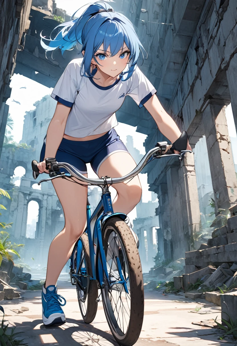 1girl, ponytail, blue hair, blue eyes, rides a bicycle, dolphin shorts, short shorts, maritime ruins
