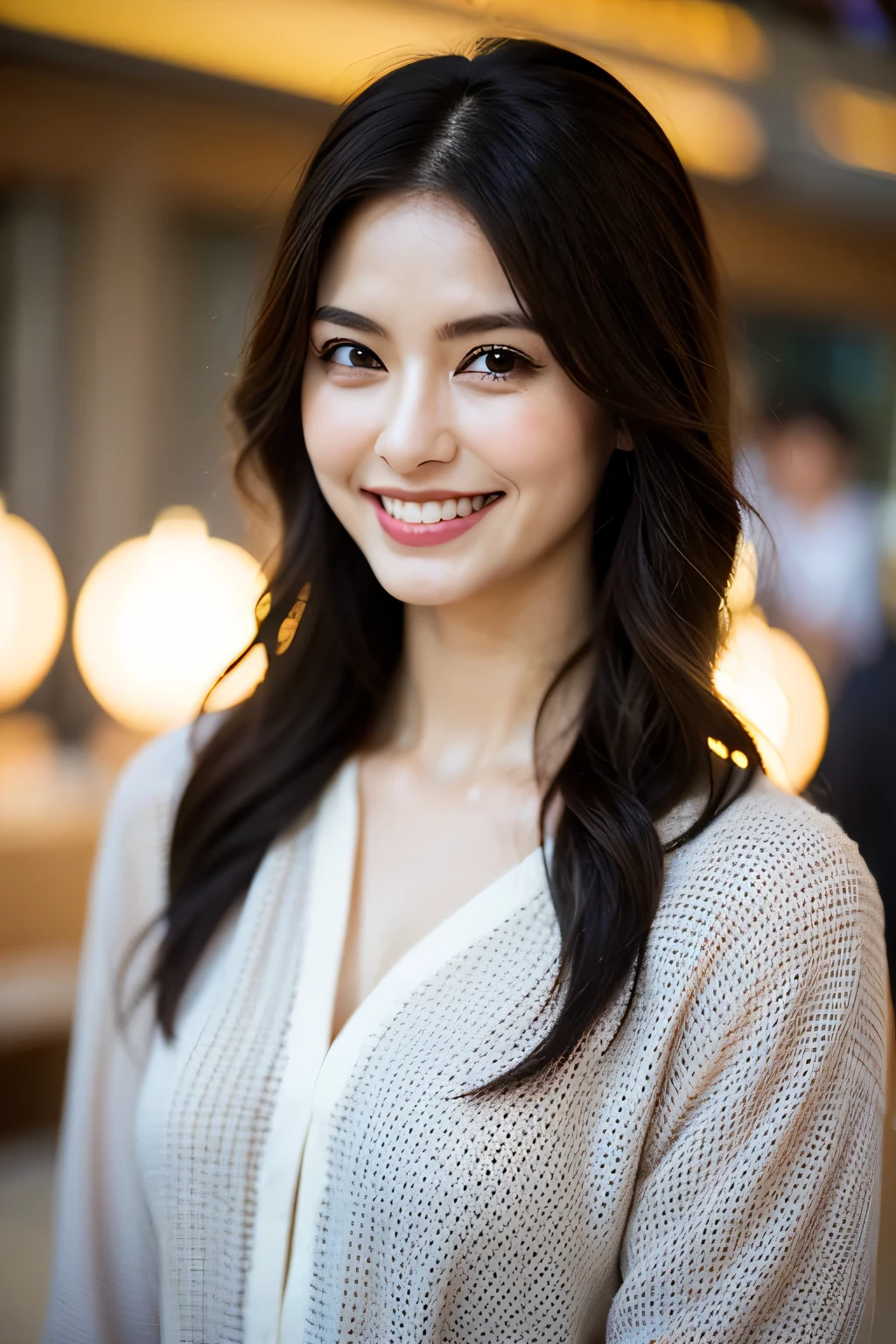 ((masterpiece)), ((Highest quality)), ((Complex)), ((Surreal)), (Realistic), (Mature Woman), ((There are no classes)), Very detailed, (1 female), Beautiful and exquisite, (Beautiful Teeth), Grin, Brunette Bob Hair, Brown eyes, ((blouse)), (Upper Body), (background:none), Perfect Eyes, Captivating eyes, Looking at the audience