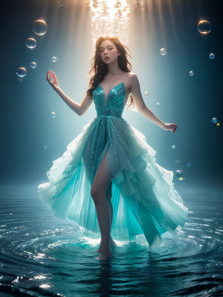 Young woman wearing a dress entirely made of transparent flowing water. Fluid, cascading gown with dynamic water movement. creating a mesmerizing blend of flowing liquid and delicate bubble structures. Dynamic poses, dancing, Shimmering, iridescent water surface with rainbow reflections on bubble areas. Water drops of various sizes forming the dress's texture. High-detail photography, fantasy concept art style. Simple plain light blue background. Flowing water in space.