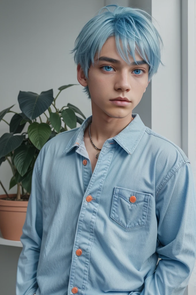 1 boy , well built, light blue hair , one dark blue and one light blue eye , fake light pink skin, light dragon scale near cheeks 90's aesthetic clothes white shirt and blue plant's with blue  jacket with light orange design's.