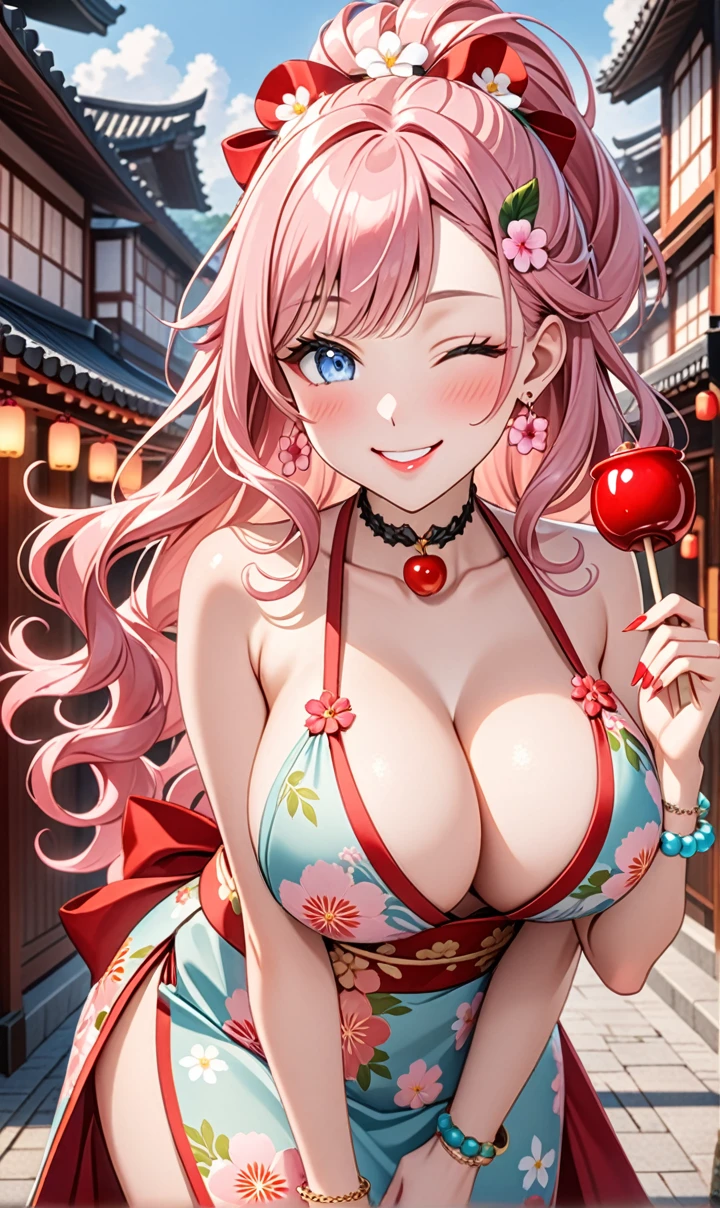 Super detailed, ((One personの少女)), (Pale skin:1.4), Pastel colored gal, (Heavy makeup), (Professional Lighting) Super detailed, Absurd, 8K, Beautiful Face, (Laugh shyly), ((Teasing Smile:1.8)), ((Wink:1.7)), (Laugh with your mouth wide open),((Tilt your face:1.6)), View your audience, ((Bright red cheeks:1.6)),Glossy Red Lips, ((Big Breasts:1.6)), ((Take off:1.2)), noon, Shrine festival sexpensives, ((Eat candy apple sticks)), ((Anime style background)),masterpiece, Highest quality, so beautiful,up to date, Complex details, (Pink long nails), (nail art), (ring),(bracelet), (Floral Choker),AI-generated, Complex,High resolution, Highest quality, super high quality,3D Images、3D Images,One person,Pastel pink long hair,(High Ponytail), (Wavy Hair:1.3), Pastel colored anime woman posing for a photo, ((fine grain、blue eyes、Glowing Eyes:1.4)), (Squint your eyes:1.1), (one eye closed:1.6), a hyperRealistic , hyperRealistic , Realistic,Anime woman with long pastel pink hair, Smooth anime CG art, A girl wearing a gorgeous kimono in pastel colors, ((Pastel-colored furisode)),(Pink large floral pattern), (Side bust), Long flower hair ornament,Floral Earrings, Mature Body, expensive,Tight waist,((From the side)), ((Leaning forward:1.2)),