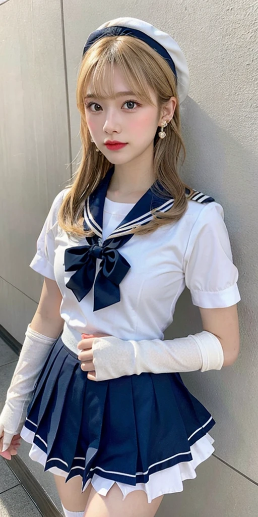 Close up, 1 girl, sailor, Tsukino Usagi, (sailor chiseki uniform:1.2), (aqua eyes:0.9), blonde hair, medium hair, wedge skirt, best quality, earrings, masterpiece, high resolution, intricate details, (realistic)), photography, (white elbow gloves:1.1), jewelry, medium breasts, full body, dynamic background, dynamic pose, white
