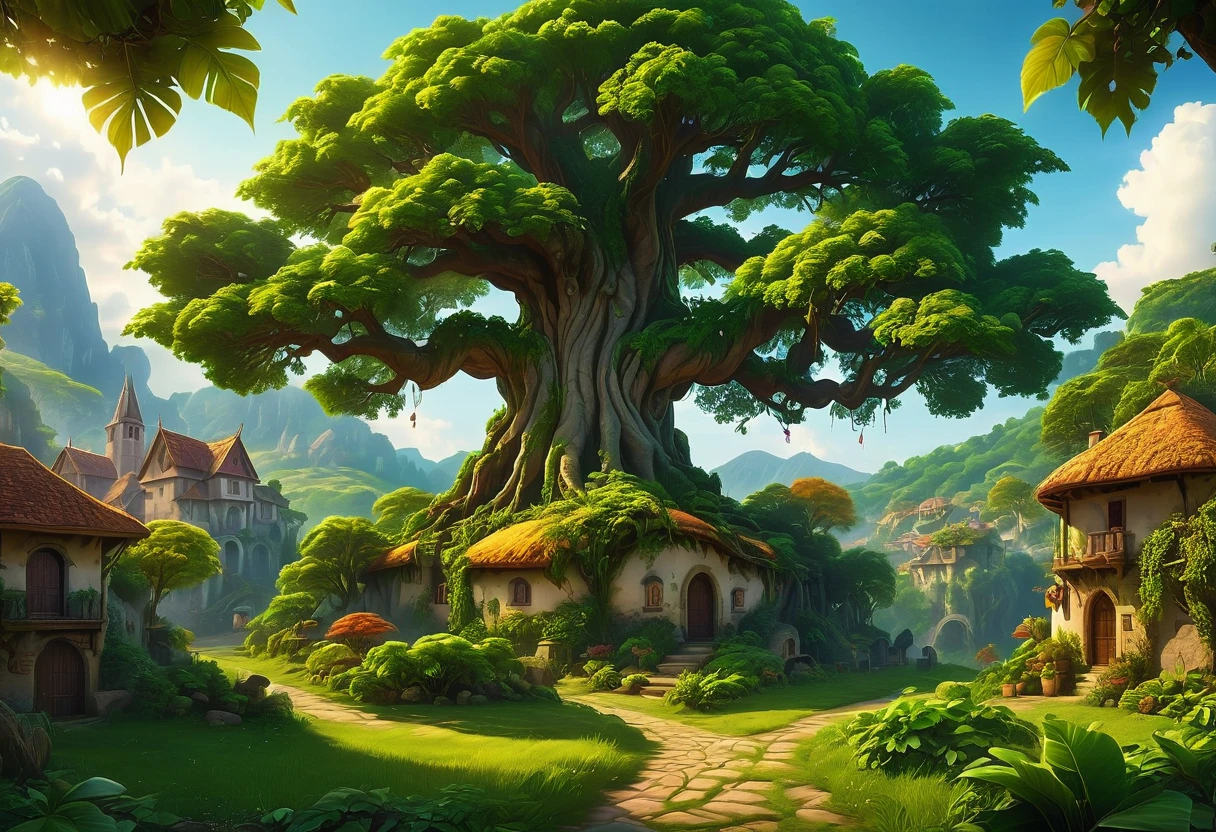A towering, magical tree with an enormous canopy, lush green leaves, a small, picturesque village nestled beneath its branches, (best quality,4k,8k,highres,masterpiece:1.2),ultra-detailed,(realistic,photorealistic,photo-realistic:1.37),fantasy landscape,intricate details,warm lighting,vibrant colors,dramatic angles