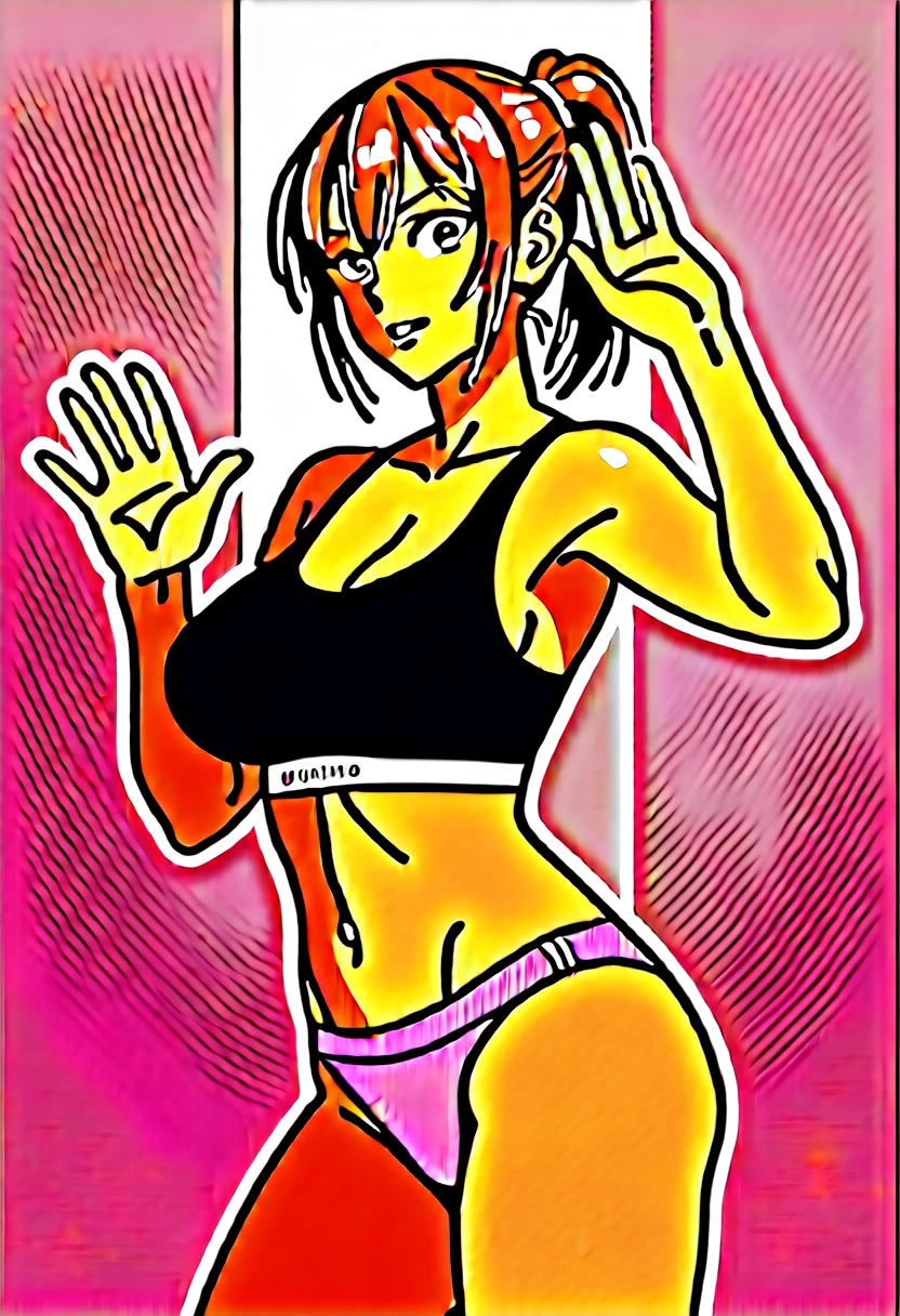 human, ((1girls)), 18 years old, beautiful, ponytail, brown hair, black eyes, Black Yoga sports bra very short, Z cup , ((brown skin)), fair body, 1m78, deserted, ((Takeda Hiromitsu style)), holding a small backpack, waving hello,