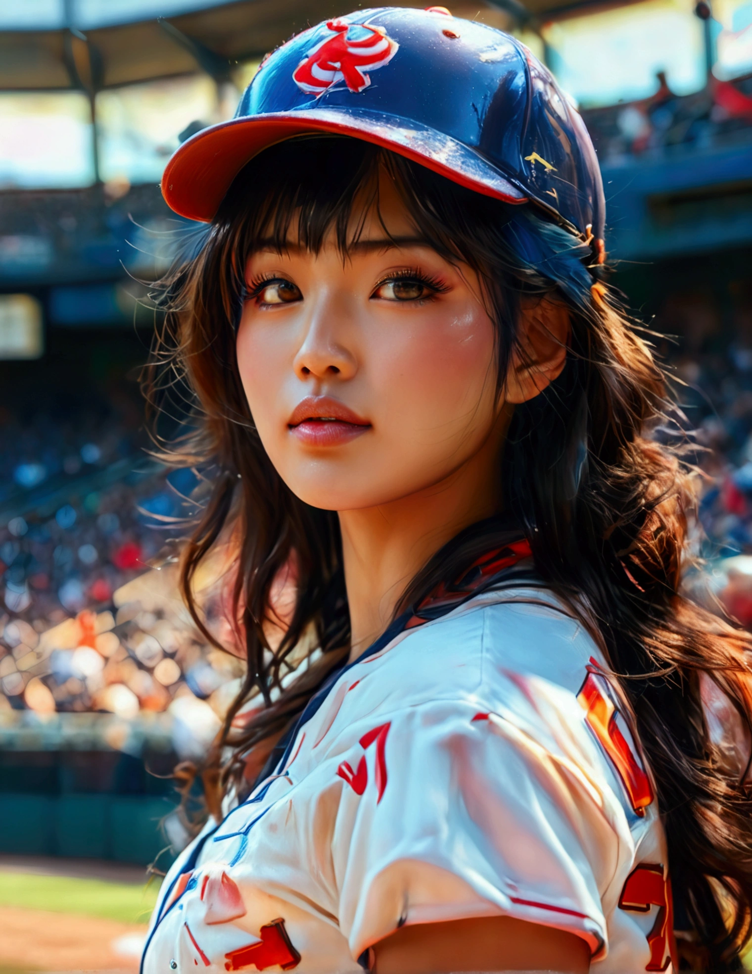 a beautiful japanese woman in a foxy baseball uniform, pitching a ball, detailed facial features, beautiful eyes, detailed lips, long eyelashes, flawless skin, toned athletic body, baseball stadium, cheering crowd, dynamic action, (best quality, 4k, 8k, highres, masterpiece:1.2), ultra-detailed, (realistic, photorealistic, photo-realistic:1.37), HDR, UHD, studio lighting, ultra-fine painting, sharp focus, physically-based rendering, extreme detail description, professional, vivid colors, bokeh, sports, baseball, anime
