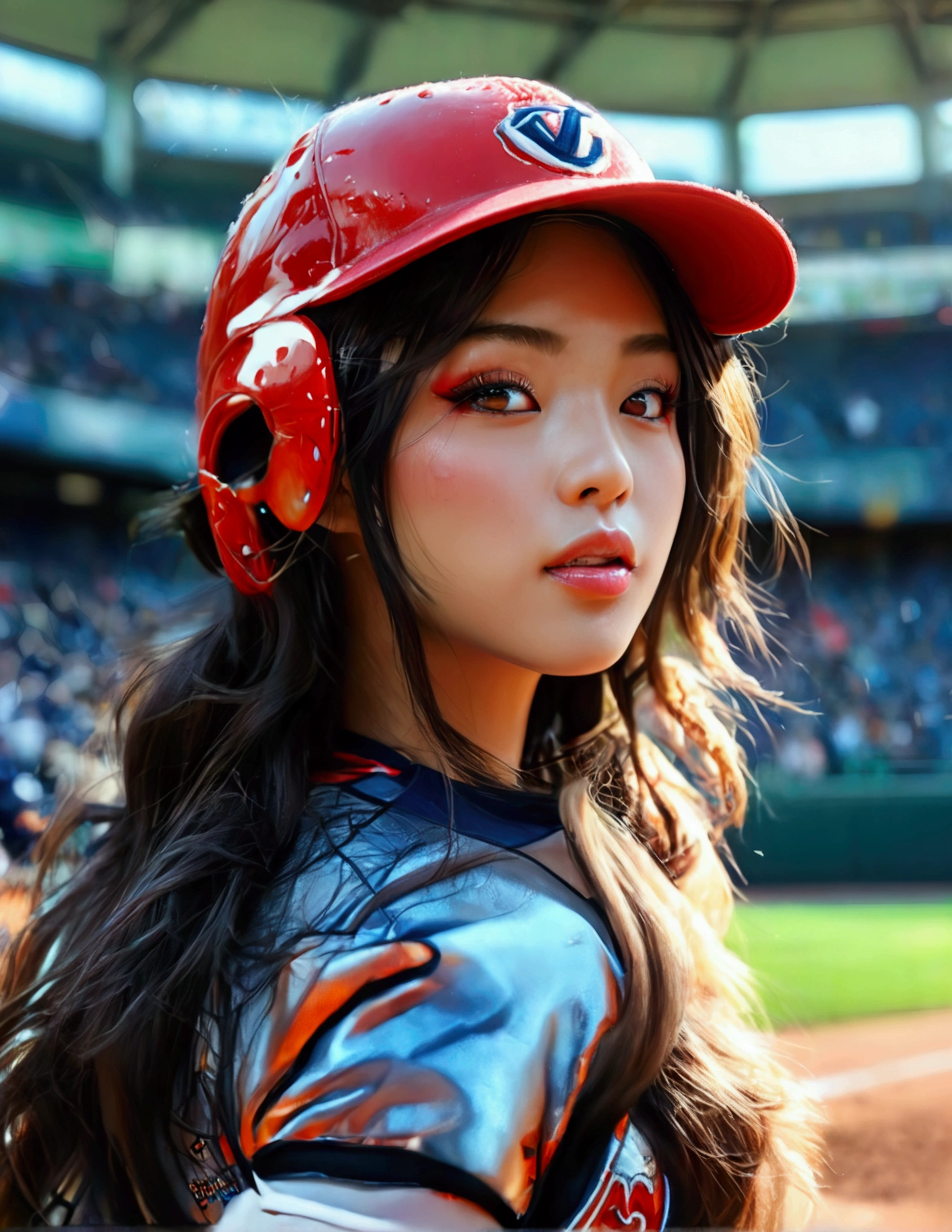 a beautiful japanese woman in a foxy baseball uniform, pitching a ball, detailed facial features, beautiful eyes, detailed lips, long eyelashes, flawless skin, toned athletic body, baseball stadium, cheering crowd, dynamic action, (best quality, 4k, 8k, highres, masterpiece:1.2), ultra-detailed, (realistic, photorealistic, photo-realistic:1.37), HDR, UHD, studio lighting, ultra-fine painting, sharp focus, physically-based rendering, extreme detail description, professional, vivid colors, bokeh, sports, baseball, anime
