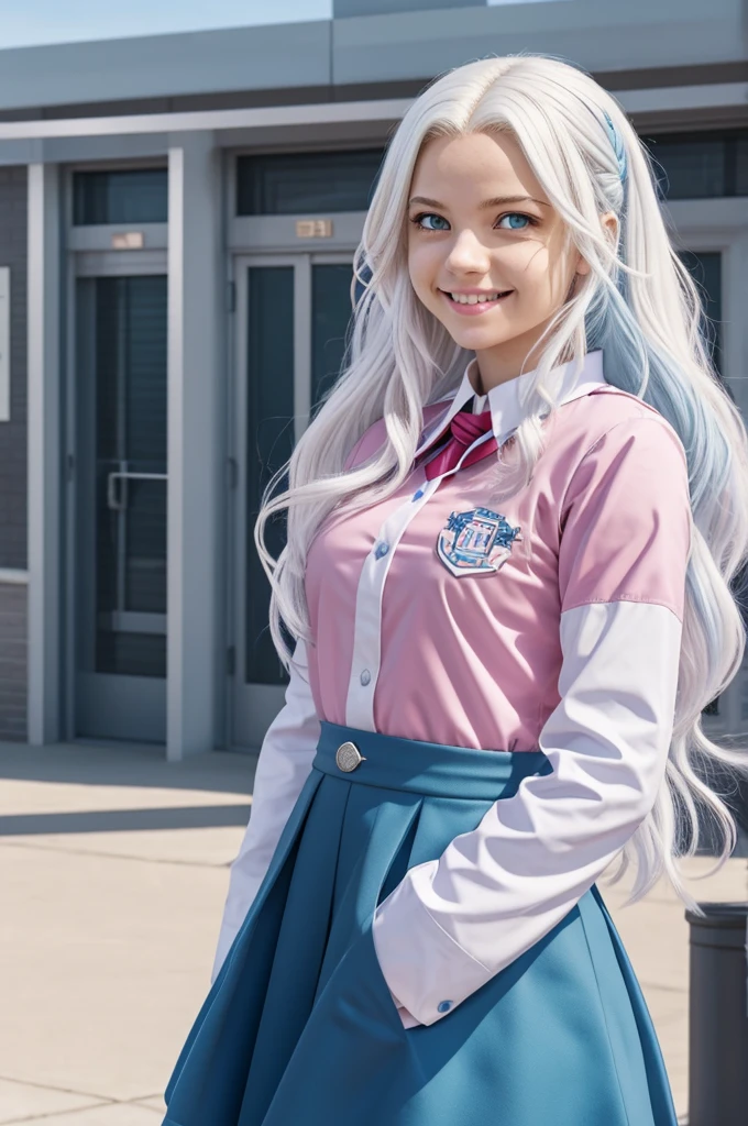 My Heroes Academia Screenshots.
Girl with medium wavy white hair with light blue eyes and round pink lips and has a cheerful expression,He is wearing the UA uniform and in the background you can see the academy,is standing outside the UA academy