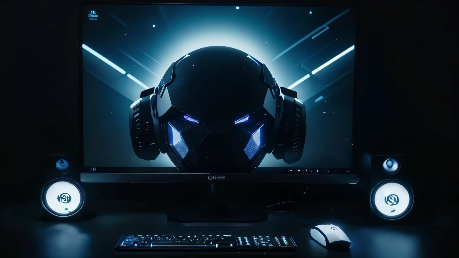 PC monitor in the center of the screen, in front a keyboard, to the right of the keyboard a mouse, all illuminated by LED lights, gamer PC, dark blue background, on the sides of the monitor place some speakers, place the logo from Steam on speakers