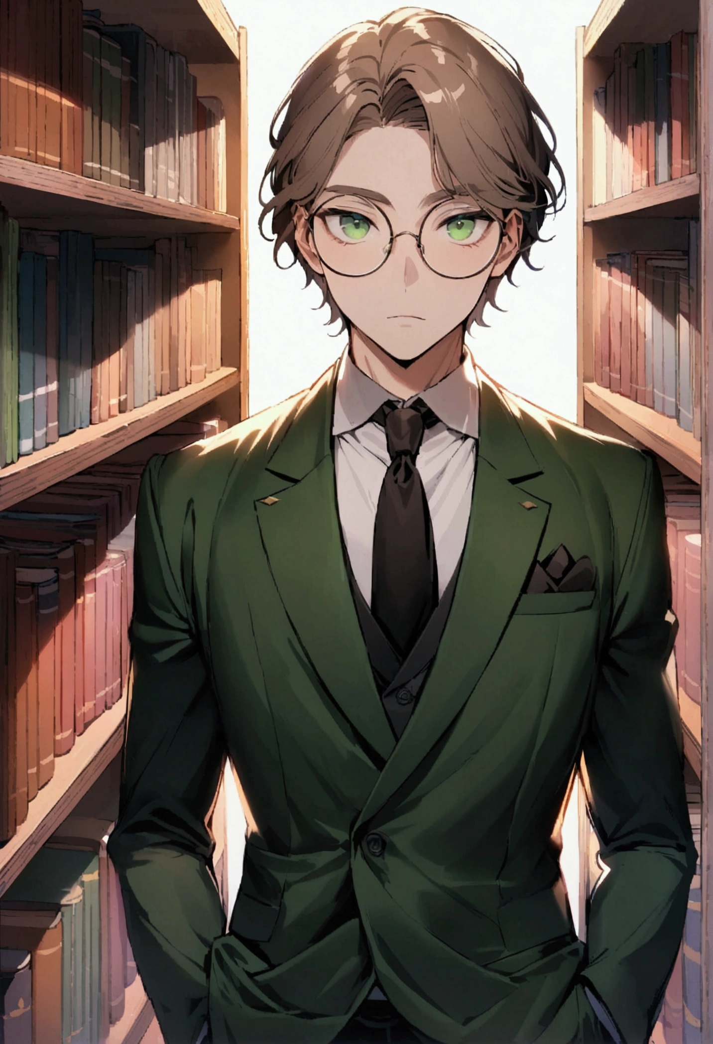 A beautiful and elegant man with gray brown hair, dark green eyes and round glasses wearing a suit in front of a bookshelf with many books looks at the camera from the front.