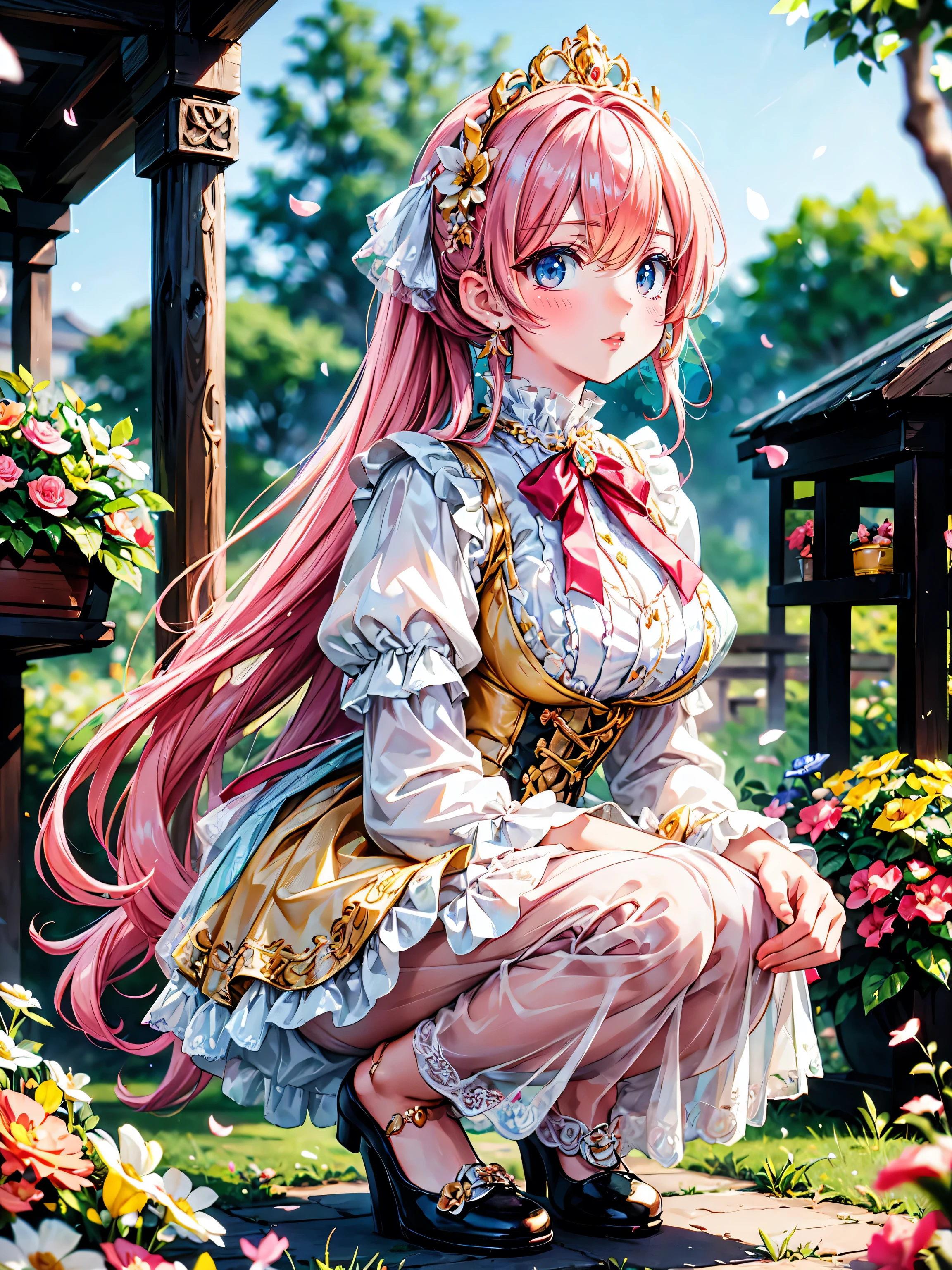 anime moe art style, ((Masterpiece, ultra detailed, exquisite quality)), (((young face solo princess))), (dress light yellow dress), (((ultra elaborate gorgeous rococo victorian gown with voluminous hoopskirt and long hems and lot of frills and pleats dense lace and cute ribbon, princess style skirt, ultra lovely gown))), (((hair pink hair))), ((fluffy long ponytail)), (Expressive very voluminous hair), ((huge breasts)), breasts cleavage, (((squatting, front view))), super delicate face, kawaii face, (hyper detail delicate eyes, hyper beautiful eyes), (eyes blue eyes), (((So lot's of colorful flowers))), ((face focus, eyes focus, blurry background:1.5)), (isometric 3D:1.3), particle effect,