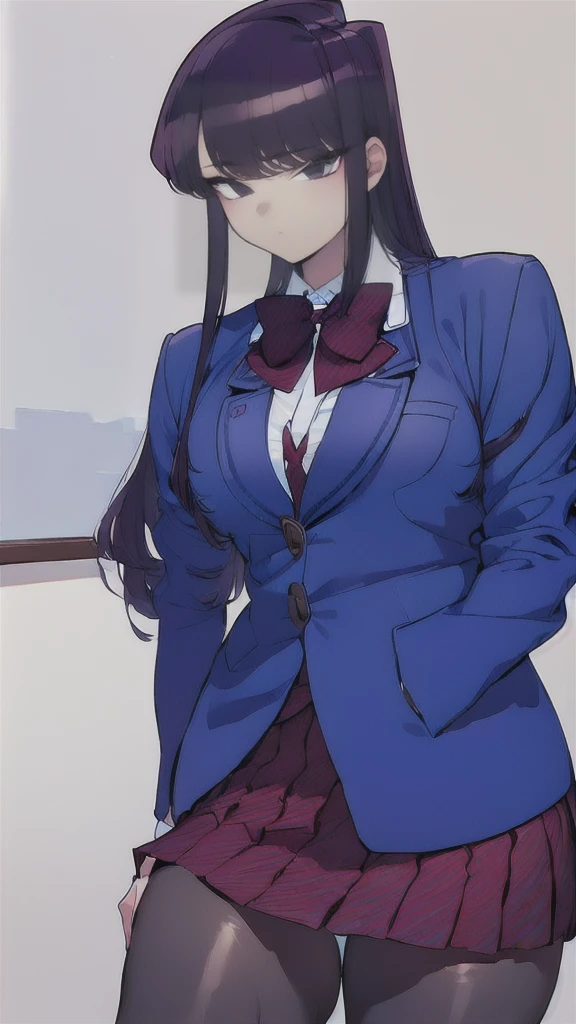 (masterpiece, best quality:1.2),intricate design, (insanely detailed:1.4), (extremely fine details:1.35),masterpiece, best quality, hyper-detailed((masterpiece)), (best quality), (detailed)
ShokoKomidef, purple hair, purple eyes, long hair
, (black pantyhose:1.3),, (school uniform:1.3), red skirt, red bow, (blazer:1.3) (microskirt:1.3)
microskirt
