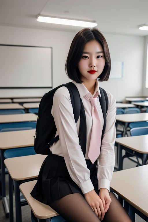 1 korean girl, strikingly beautiful, black hair, delicate facial features, porcelain skin, red lips,expressive eyes, best quality, masterpiece, illustration, realistic, photo-realistic, amazing, finely detail, incredibly absurdres, huge filesize, ultra-detailed, highres, extremely detailed CG unity 8k wallpaper, nsfw, A cute young woman with Korean-style facial features resembling a popular actress is sitting in a classroom. She has short hair and is wearing light makeup. She is wearing a , consisting of a pink vest, a white collared shirt with long sleeves, a pleated skirt, and pantyhose. She is also wearing a necktie and a backpack. The scene is set in a well-lit classroom, and the photo is taken from a candid perspective, similar to one taken with a high-end DSLR camera with depth of field.