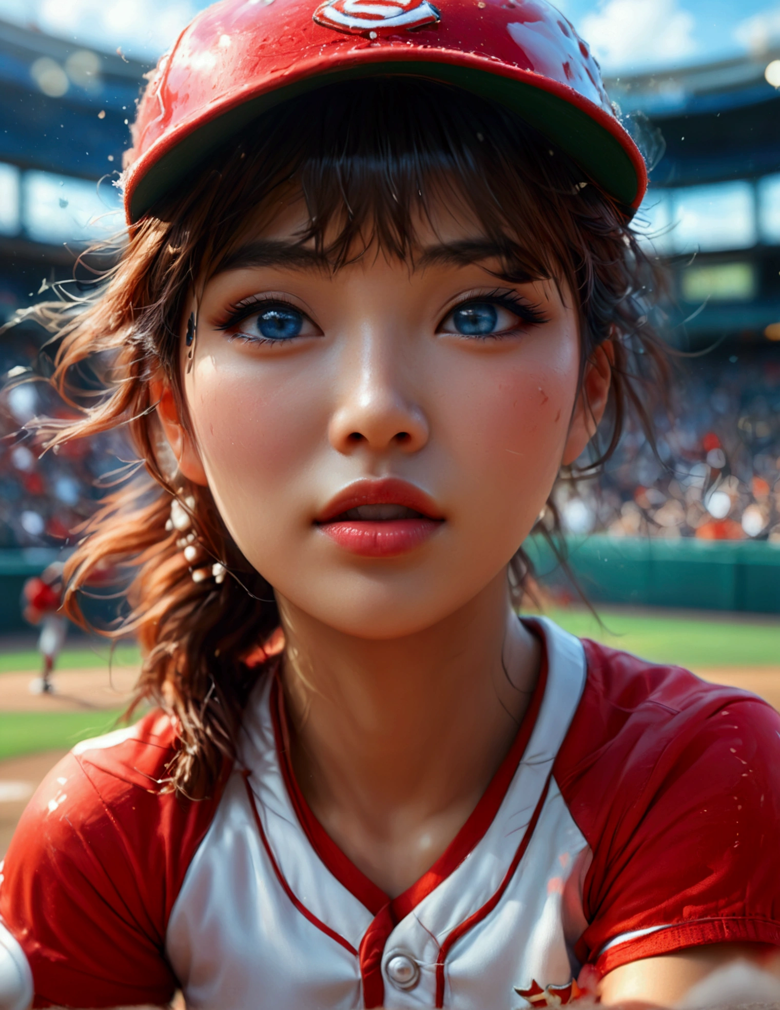 a beautiful japanese woman in a foxy baseball uniform, pitching a ball, detailed facial features, beautiful eyes, detailed lips, long eyelashes, flawless skin, toned athletic body, baseball stadium, cheering crowd, dynamic action, (best quality, 4k, 8k, highres, masterpiece:1.2), ultra-detailed, (realistic, photorealistic, photo-realistic:1.37), HDR, UHD, studio lighting, ultra-fine painting, sharp focus, physically-based rendering, extreme detail description, professional, vivid colors, bokeh, sports, baseball, anime
