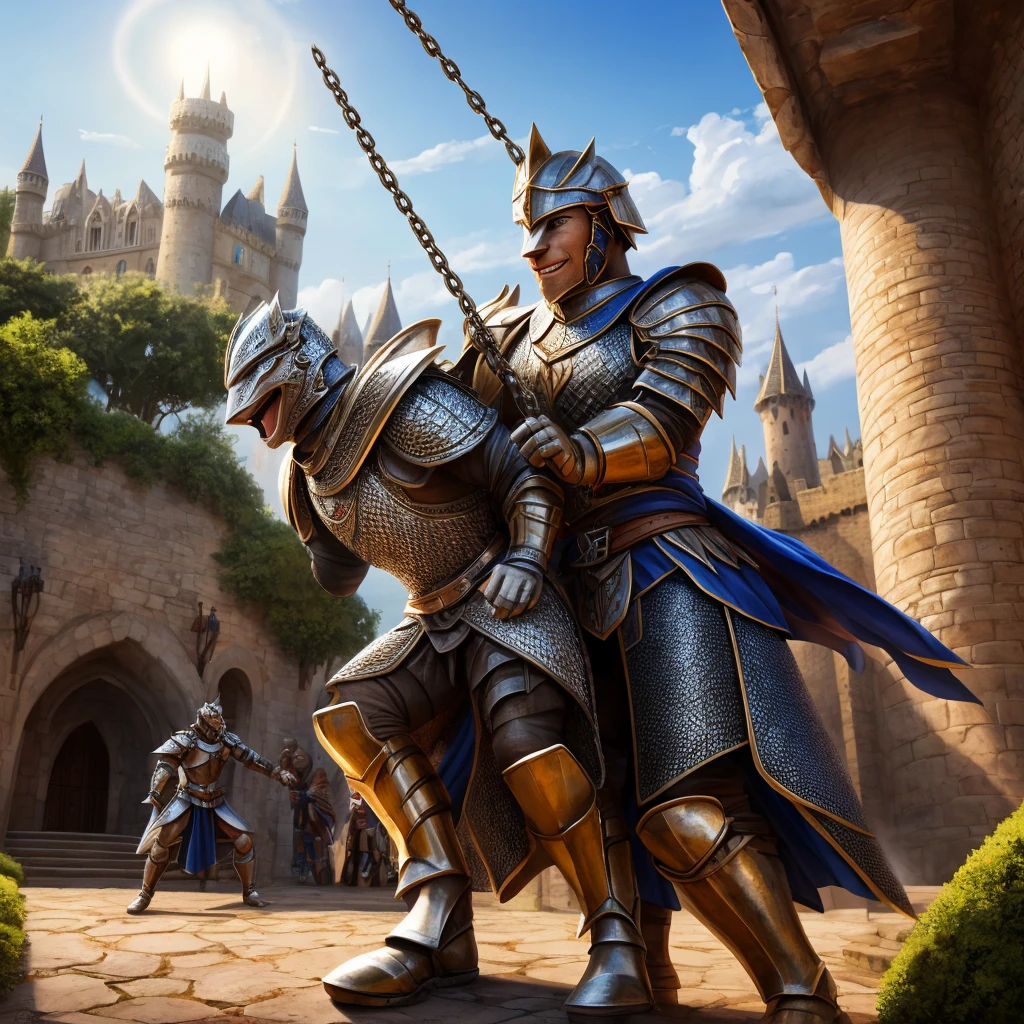 (((Medium Shot))), Couple, (men and women), 2 people, Outside the castle, Jousting, Playful, Playful, sweet, Happy, smile, armor, Chain mail, armor, Happy, Cute eyes, Playful, Surrealism, throw, Romanticism, Cinema Lighting, 8K, 超High resolution, masterpiece, Accurate, Anatomically correct, Textured skin, High detail, high quality, High resolution, Award-winning, 最high quality, 16K, Bad body, Bad move, Bad legs.