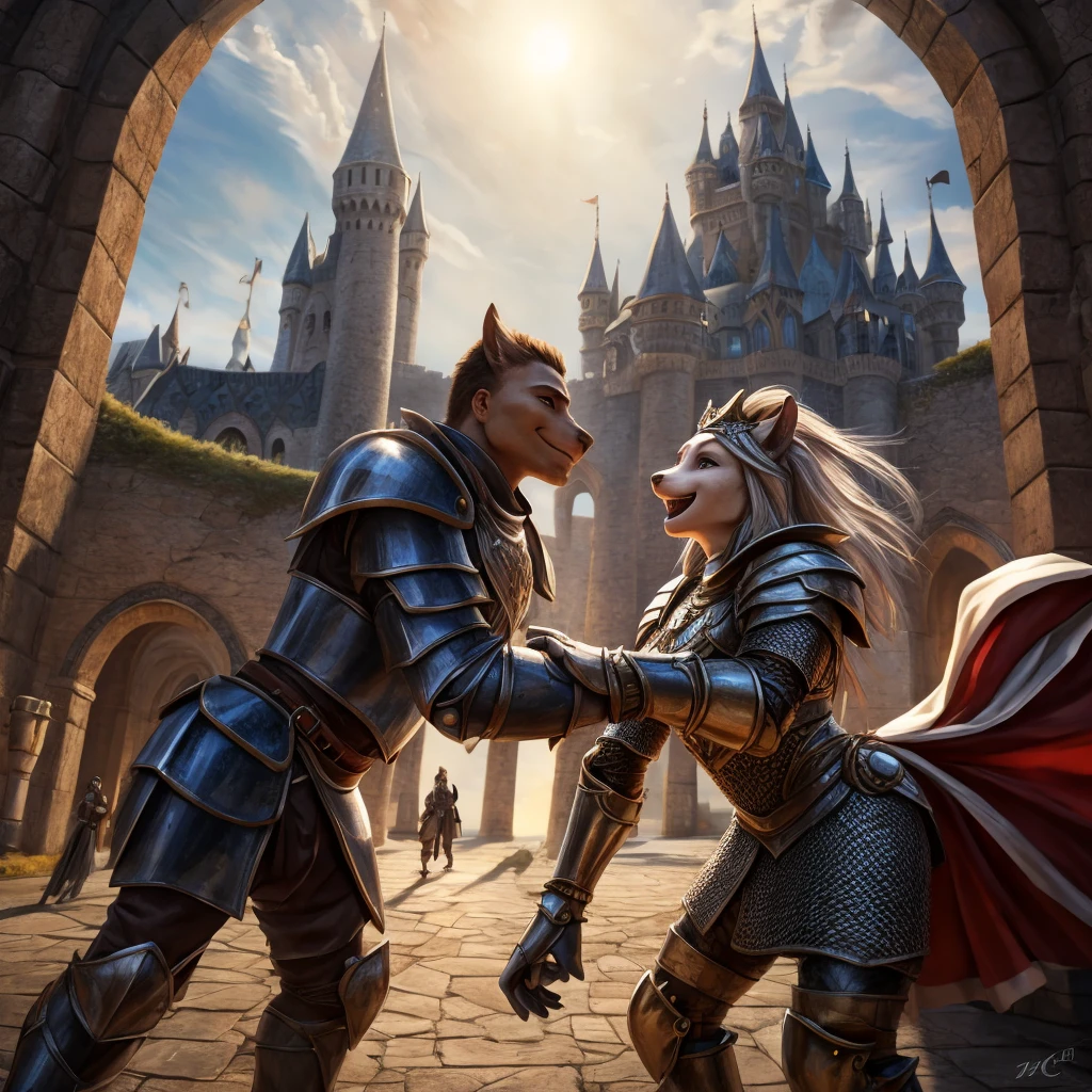(((Medium Shot))), Couple, (men and women), 2 people, Outside the castle, Jousting, Playful, Playful, sweet, Happy, smile, armor, Chain mail, armor, Happy, Cute eyes, Playful, Surrealism, throw, Romanticism, Cinema Lighting, 8K, 超High resolution, masterpiece, Accurate, Anatomically correct, Textured skin, High detail, high quality, High resolution, Award-winning, 最high quality, 16K, Bad body, Bad move, Bad legs.