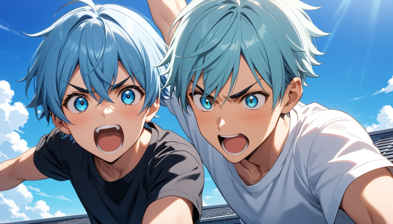 One high school boy with light blue hair, silver eyes, black eyebrows, school rooftop, arms outstretched, smiling and shouting into the blue summer sky
