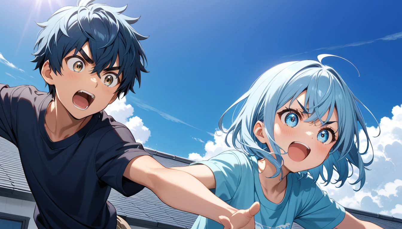 One high school boy with light blue hair, silver eyes, black eyebrows, school rooftop, arms outstretched, smiling and shouting into the blue summer sky