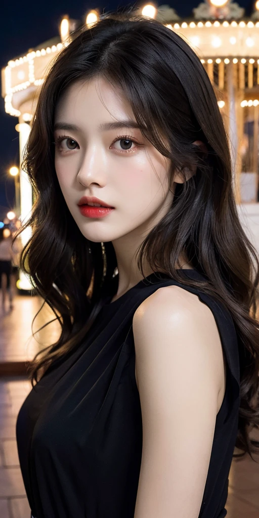 (8k, RAW photo, best quality, masterpiece:1.2), (realistic, photo-realistic:1.37) , 1girl, (carousel, night), miaoxiaoji(secret_tea), detailed face, detailed eyes, black dress