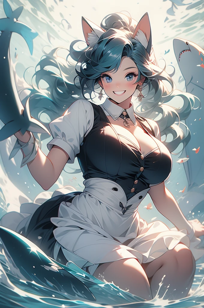 anthro, shark, voluptuous, wide grin, maid uniform