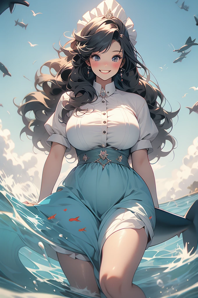 anthro, shark, voluptuous, wide grin, maid uniform