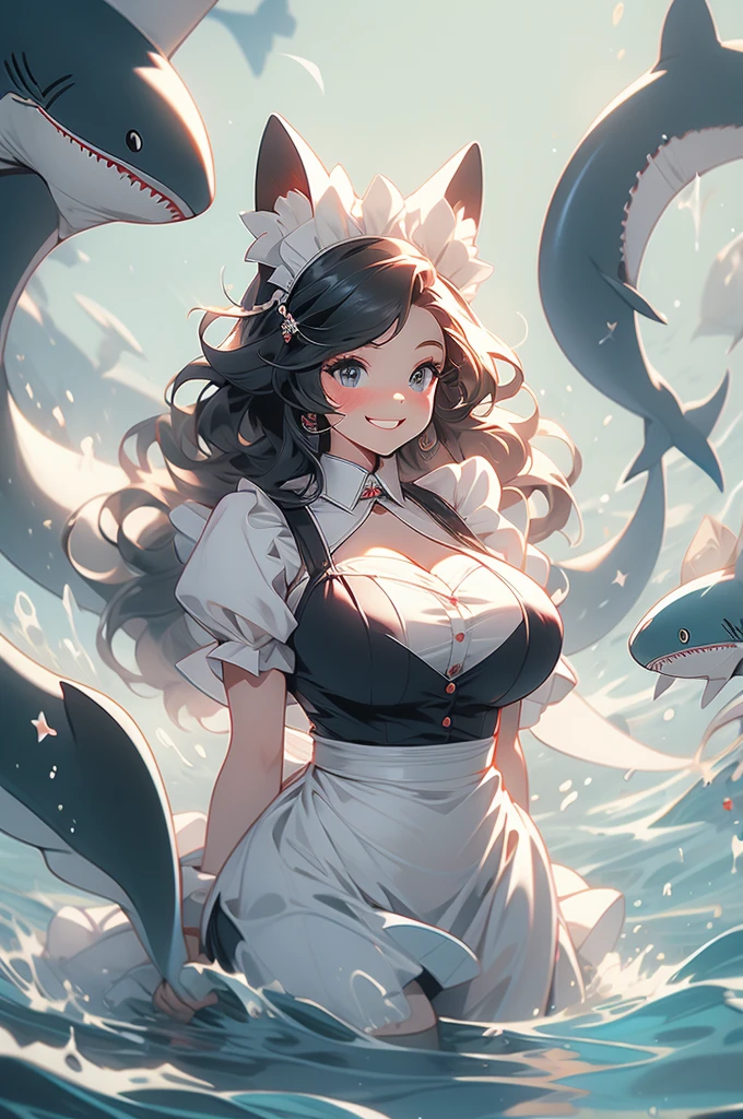anthro, shark, voluptuous, wide grin, maid uniform