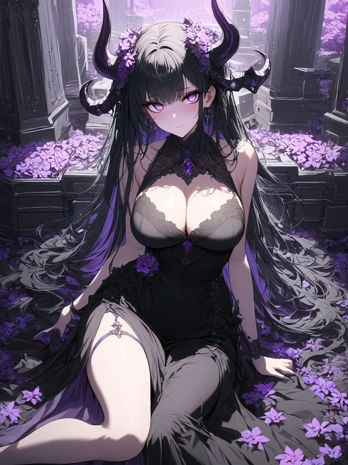 Masterpiece, very detailed, ultra detailed, one, (1 woman), she is in a black detailed Gothic dress, and in an elegant position, long hair, black hair, black hair and purple flower on the head, black demonic horns, beautiful, charming, bright purple reptile eyes, reptile purple eyes, super purple eyes, bright eyes, elegant, large breasts, neutral face, cold face, charming, against the background of crosses and coffins, valiant atmosphere.