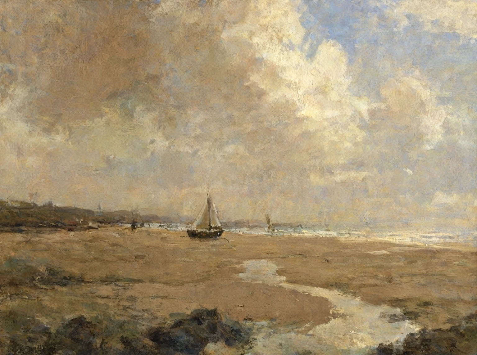 painting of a sailboat on a beach with a cloudy sky, inspired by Hendrik Willem Mesdag, beach landscape, on the beach at noonday, by Hendrik Willem Mesdag, inspired by John Pettie, carl critchlow. moody, on the coast, inspired by Willem Maris, inspired by Oswald Achenbach, by Willem Claeszoon Heda