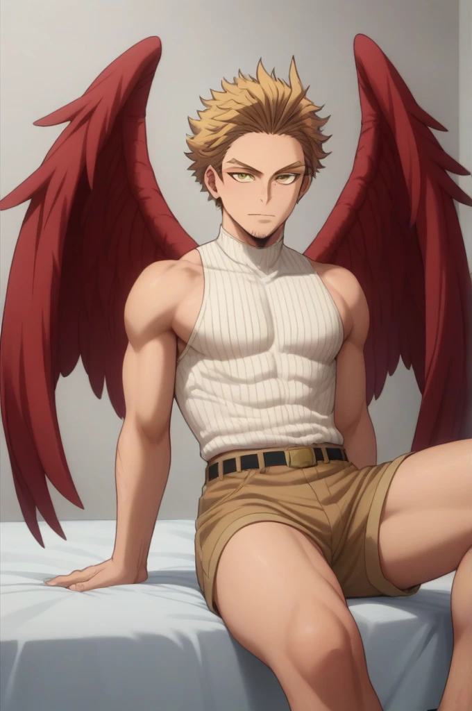 Alone, boy blonde hair slicked back, with some front locks, gold eyes, red wings on his back, delicate, With curves, clothing dark sleeveless shirt,  White, cream shorts, long dark thigh high stockings, sitting on a bed, Boku no hero academia, Hawks Keigo Takami 