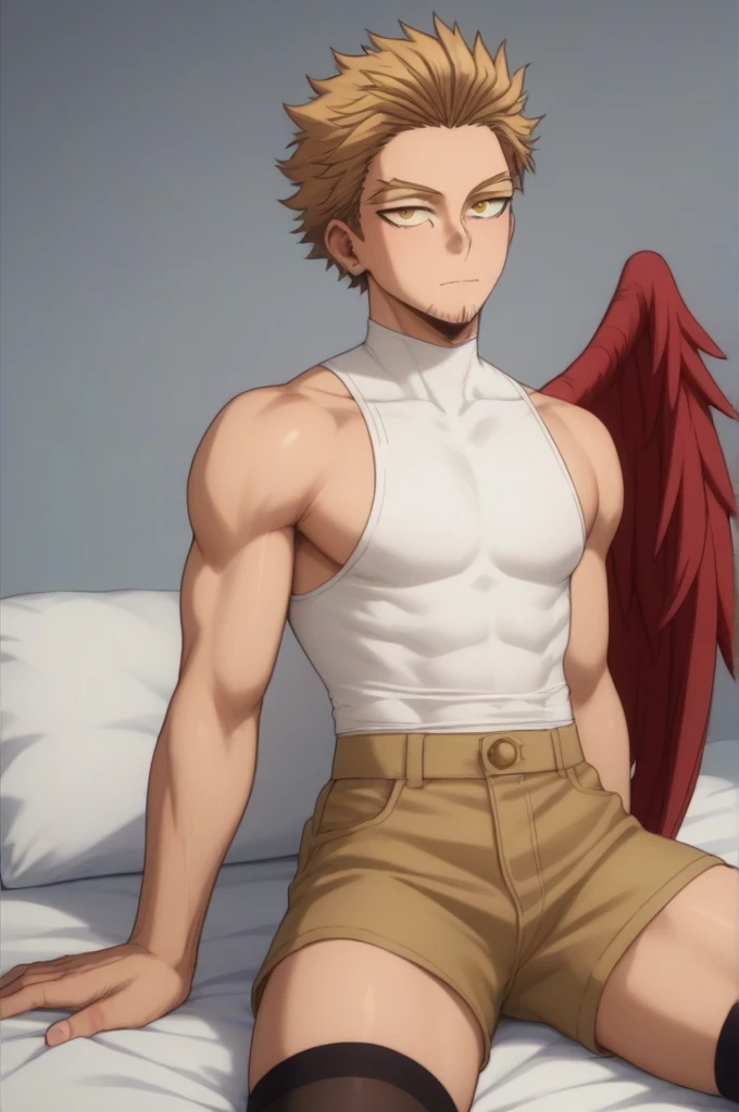 Alone, boy blonde hair slicked back, with some front locks, gold eyes, red wings on his back, delicate, With curves, clothing dark sleeveless shirt,  White, cream shorts, long dark thigh high stockings, sitting on a bed, Boku no hero academia, Hawks Keigo Takami 