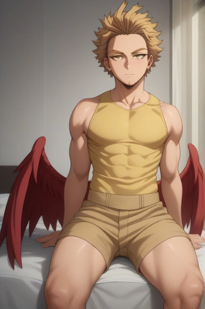 Alone, boy blonde hair slicked back, with some front locks, gold eyes, red wings on his back, delicate, With curves, clothing dark sleeveless shirt,  White, cream shorts, long dark thigh high stockings, sitting on a bed, Boku no hero academia, Hawks Keigo Takami 