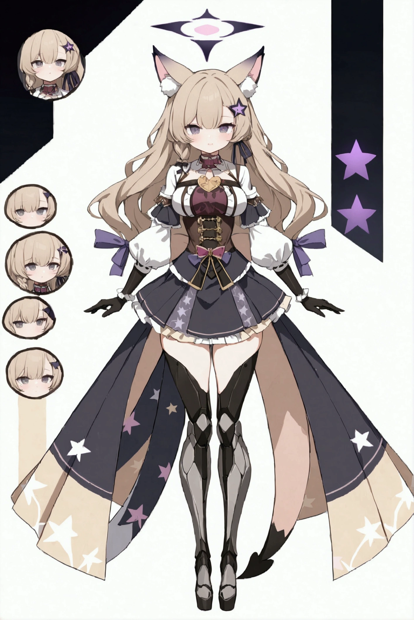 woman 170 cm tall. medium chest, wide hip, slim build, ((whole body)). (((character design sheet: front view))). (dark blonde hair, (hip-length wavy hair with asymmetrical bangs, star hairpin), (She has a short braid tied with an elegant purple ribbon on the left side of her hair above her chest). (She has a short braid tied with an elegant purple ribbon on the right side of her hair above her chest). She has small hair ties in the back of her hair..). ((Gray eyes with a pink 4-pointed star in the pupil)). (Two black and purple fox ears located on the top of the head). (Luminous black halo with purple star patterns above his head). He has a black collar with a heart emblem on his neck.. (Elegant long one piece dress, thigh-length lace and ruffle skirt, ribbon decorations and star patterns on the dress). black gloves, Black platform heels. gray belt at the waist with a large ribbon with a luminous pink heart in the middle. ((It has a beautiful succubus tail that ends in a small purple star at the tip..)). (((It has complex mechanical legs that reach up to the thighs and are black with small purple details..))). beautiful detailed hair, beautiful detailed dress. extremely detailed arms. extremely detailed face, small face, Beautiful detailed eyes, beautiful detailed lips. adorable. extremely detailed legs. (Best Quality, 4k, high resolution), ultra detailed, Exquisite and epic character art, ((White background)). (Focus on symmetry).
