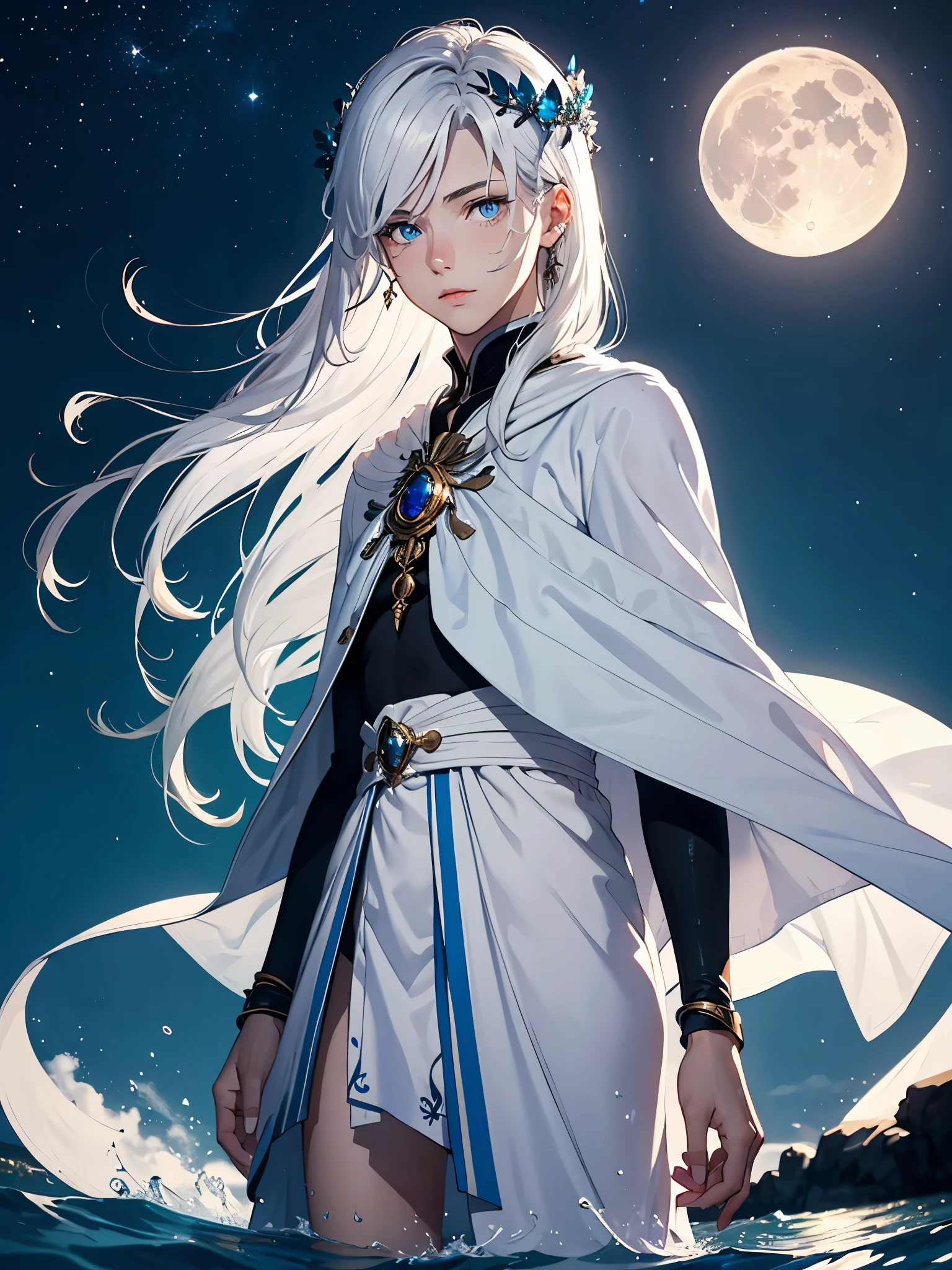 Long hair. long white hair. aquatic, boy, Goddess of the Moon, silver hair accessories, White hair, White dress, cape, at night, saturated colors, light eyes, bright, light blue light, blue eyes, Jewelry silver, bluish light, Full moon in the background, aquatic in der Luft rosa kerzen